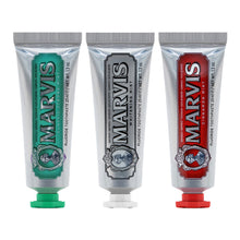Load image into Gallery viewer, Marvis Toothpaste Classic Trio Set featuring 25ml tubes of Classic Strong Mint, Whitening Mint, and Cinnamon Mint, unboxed