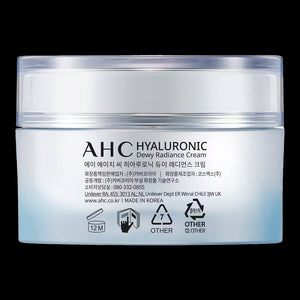 AHC Hyaluronic Dewy Radiance Cream 50ml back pack showing product details and usage instructions Cosmetix Australia