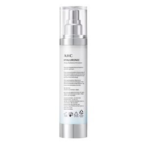 AHC Hyaluronic Dewy Radiance Emulsion 100ml back pack with product details and usage instructions Cosmetix Australia