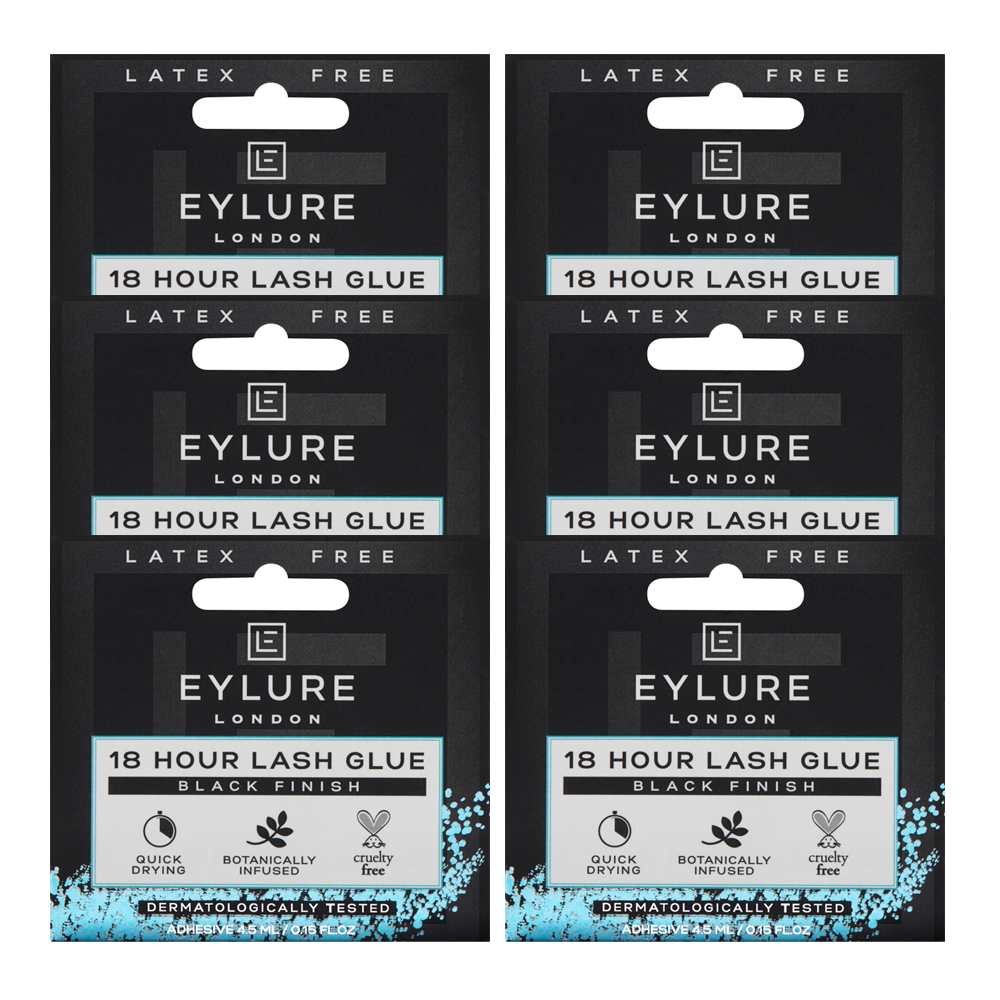 Eylure London 18 Hour Lash Glue 4.5ml black finish 6 pack, latex-free strip lash adhesive with quick-drying, long-lasting hold