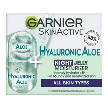 Load image into Gallery viewer, Garnier SkinActive Hyaluronic Aloe Night Jelly Moisturiser 50ml box – outer packaging with product details Cosmetix Australia
