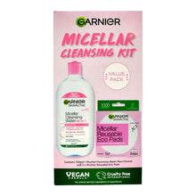 Load image into Gallery viewer, Garnier Micellar Cleansing Kit – 700ml Micellar Water with eco pads, boxed packaging Cosmetix Australia
