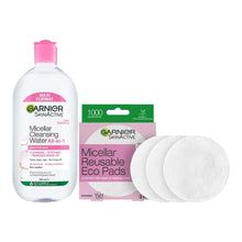 Load image into Gallery viewer, Garnier Micellar Cleansing Kit unboxed – 700ml Micellar Water with reusable eco pads Cosmetix Australia
