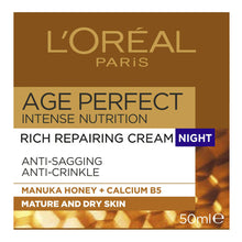 Load image into Gallery viewer, L’Oréal Age Perfect Rich Repairing Night Cream 50ml box – packaging of anti-ageing night cream for mature skin at Cosmetix Australia
