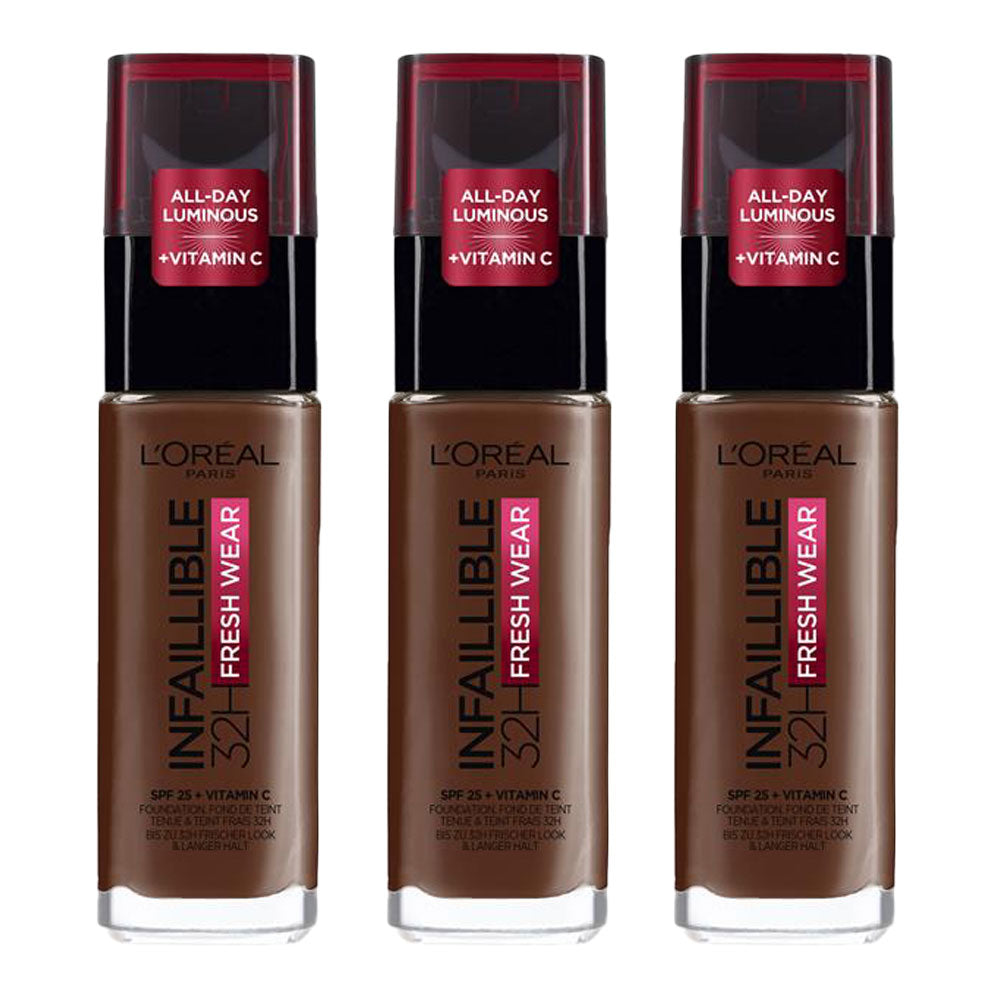 L'Oreal Infallible 32HR Fresh Wear Foundation 30ml 390 EBONY - 3 pack