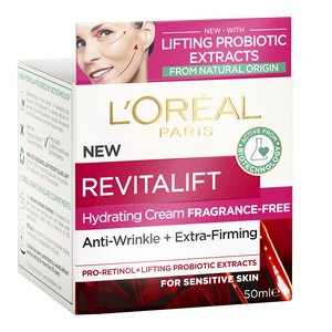 L’Oréal Revitalift Hydrating Cream Fragrance Free 50ml box – fragrance free face cream packaging at Cosmetix Australia