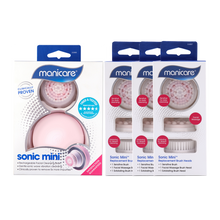 Load image into Gallery viewer, Manicare Sonic Mini Facial Cleanser &amp; Replacement Brush Heads 3pk bundle with brush heads in a package
