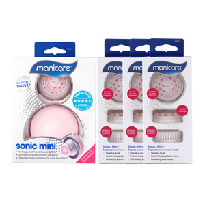 Manicare Sonic Mini Facial Cleanser & Replacement Brush Heads 3pk bundle with brush heads in a package