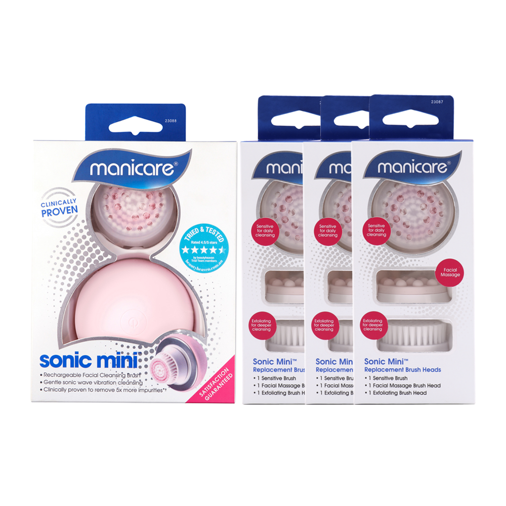 Manicare Sonic Mini Facial Cleanser & Replacement Brush Heads 3pk bundle with brush heads in a package