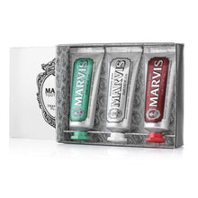 Load image into Gallery viewer, Marvis Toothpaste Classic Trio Set with open box displaying three 25ml toothpaste tubes
