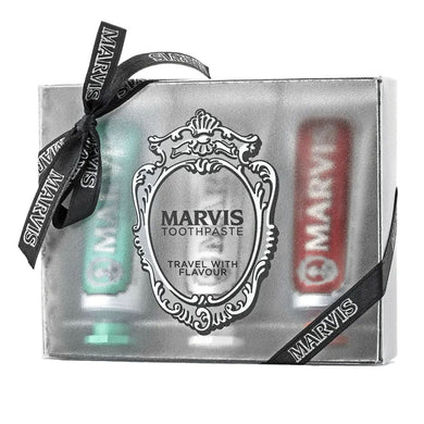 Marvis Toothpaste Classic Trio Set gift box with three travel-size toothpastes and branded ribbon