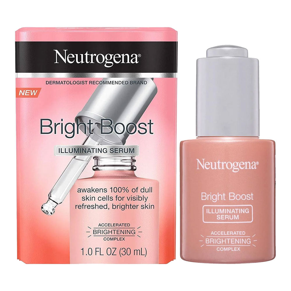 Neutrogena Bright Boost Illuminating Serum 30ml packaging – retail box design for radiance skincare at Cosmetix Australia