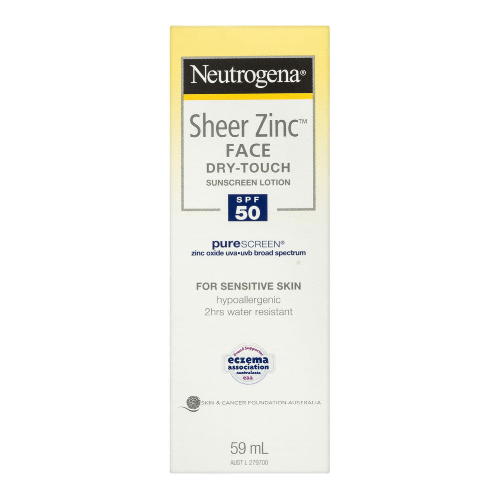 Neutrogena Sheer Zinc Dry-Touch Sunscreen Lotion SPF50 for sensitive skin, 59ml box