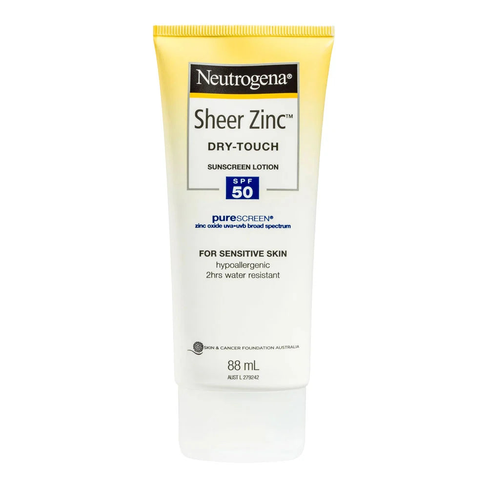 Neutrogena Sheer Zinc Dry-Touch Sunscreen SPF50 88ml, mineral, dry-touch, water-resistant, Cosmetix Australia
