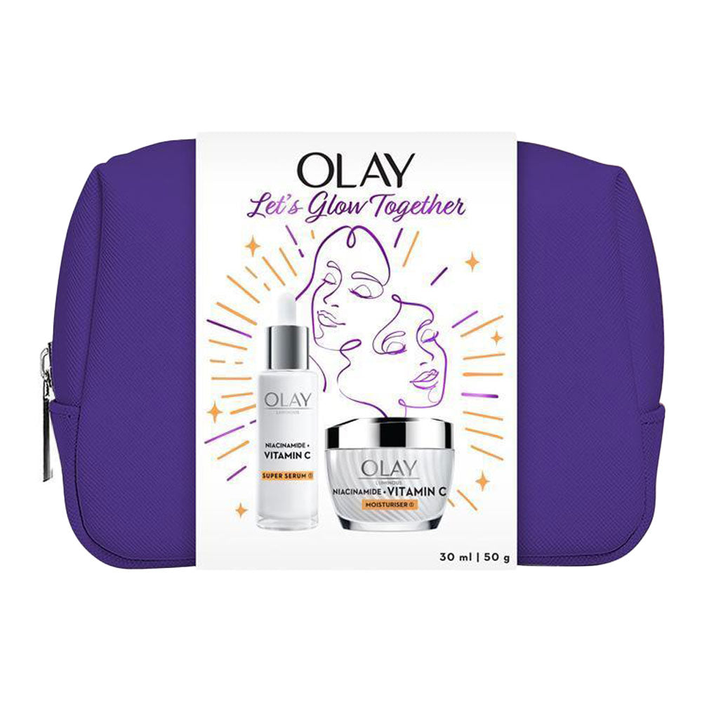 Olay Luminous Niacinamide and Vitamin C skincare set with serum and moisturiser in purple pouch