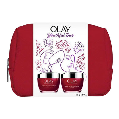 Olay Micro-Sculpting Youthful Duo 3pc skincare set with two 50g creams and red pouch