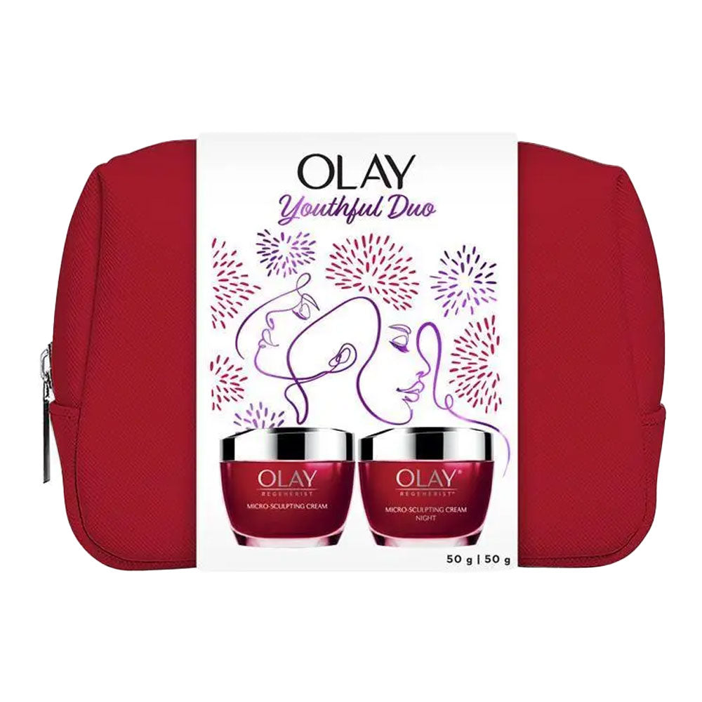 Olay Micro-Sculpting Youthful Duo 3pc skincare set with two 50g creams and red pouch