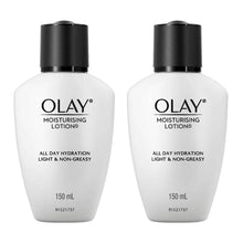 Load image into Gallery viewer, Olay moisturising lotion 150ml twin pack, two bottles with black caps for all day hydration
