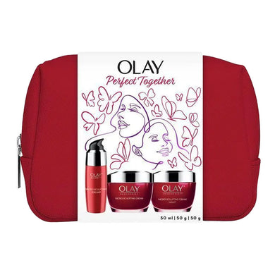 Olay Regenerist Micro-Sculpting Perfect Together 4-piece skincare set in red bag with creams and serum