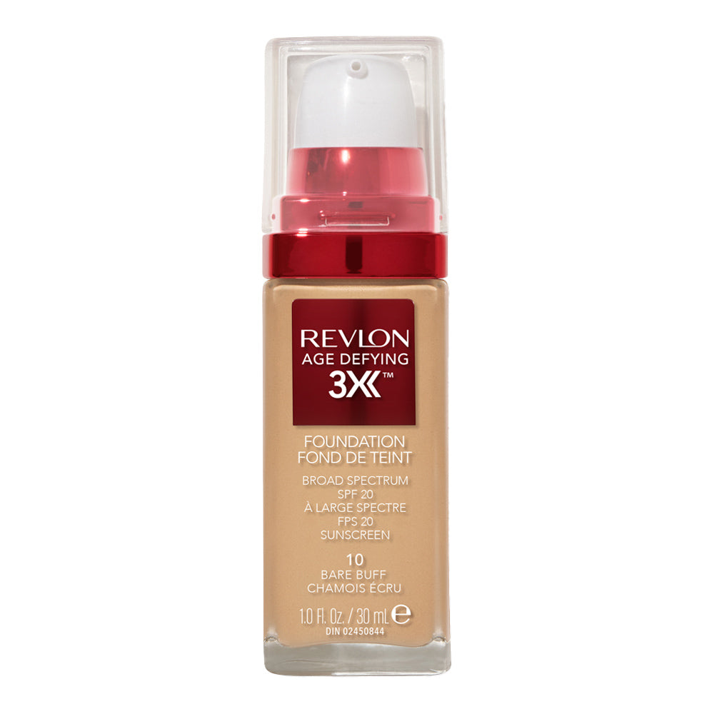 Revlon Age Defying 3X Foundation 30ml 10 BARE BUFF bottle on white background