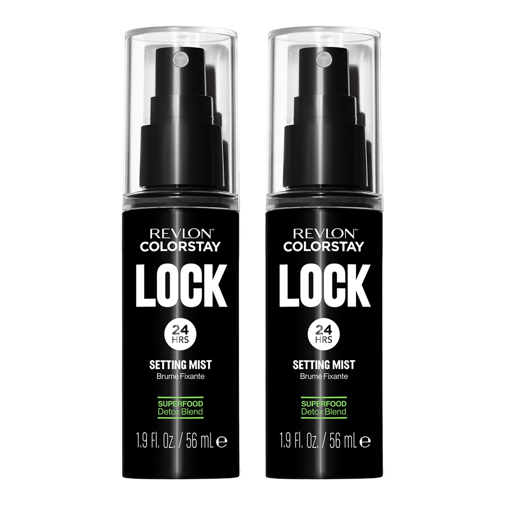 Revlon ColorStay Lock Setting Mist 56ml - 2 pack spray bottles on white background
