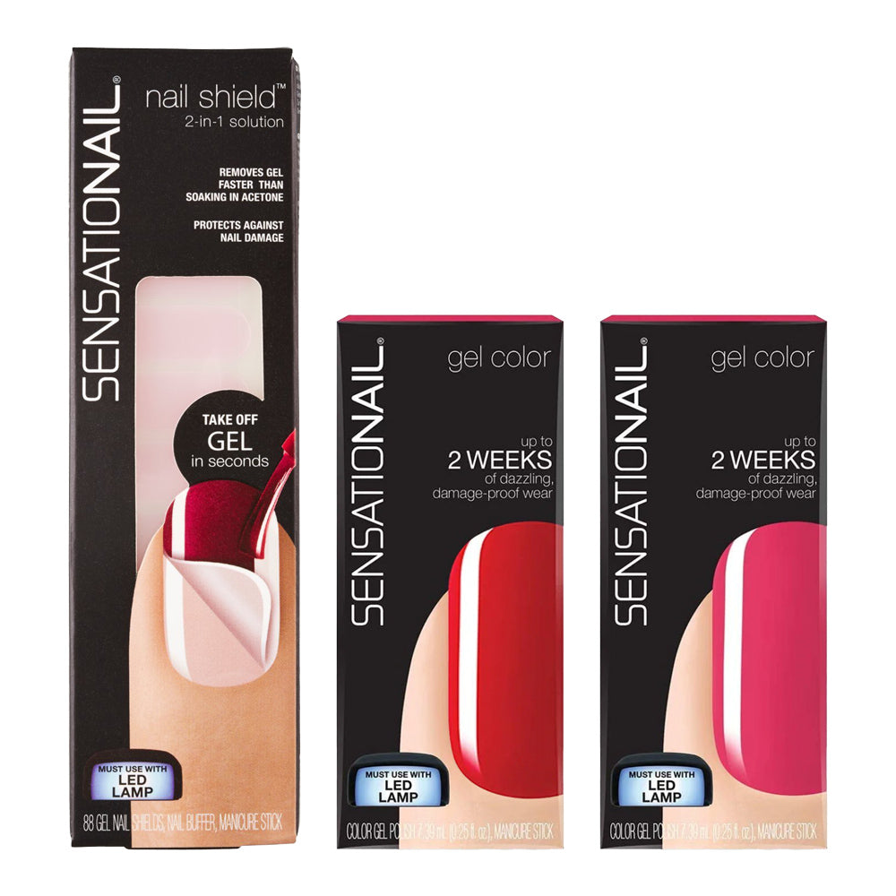 Sensationail Color Gel Polish 7.39ml 71591 PINK DAISY + 71593 SCARLET RED + GEL NAIL SHIELDS