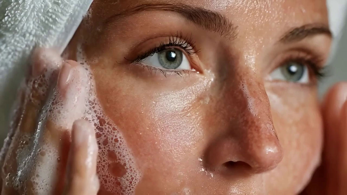 Woman applying foaming facial cleanser close-up